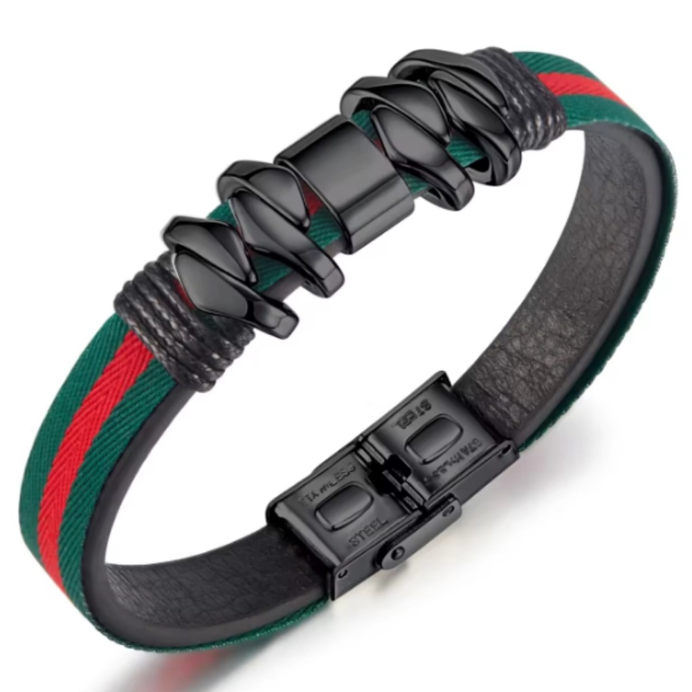 Green and Red Striped Leather Bracelet with Stainless Steel Accents